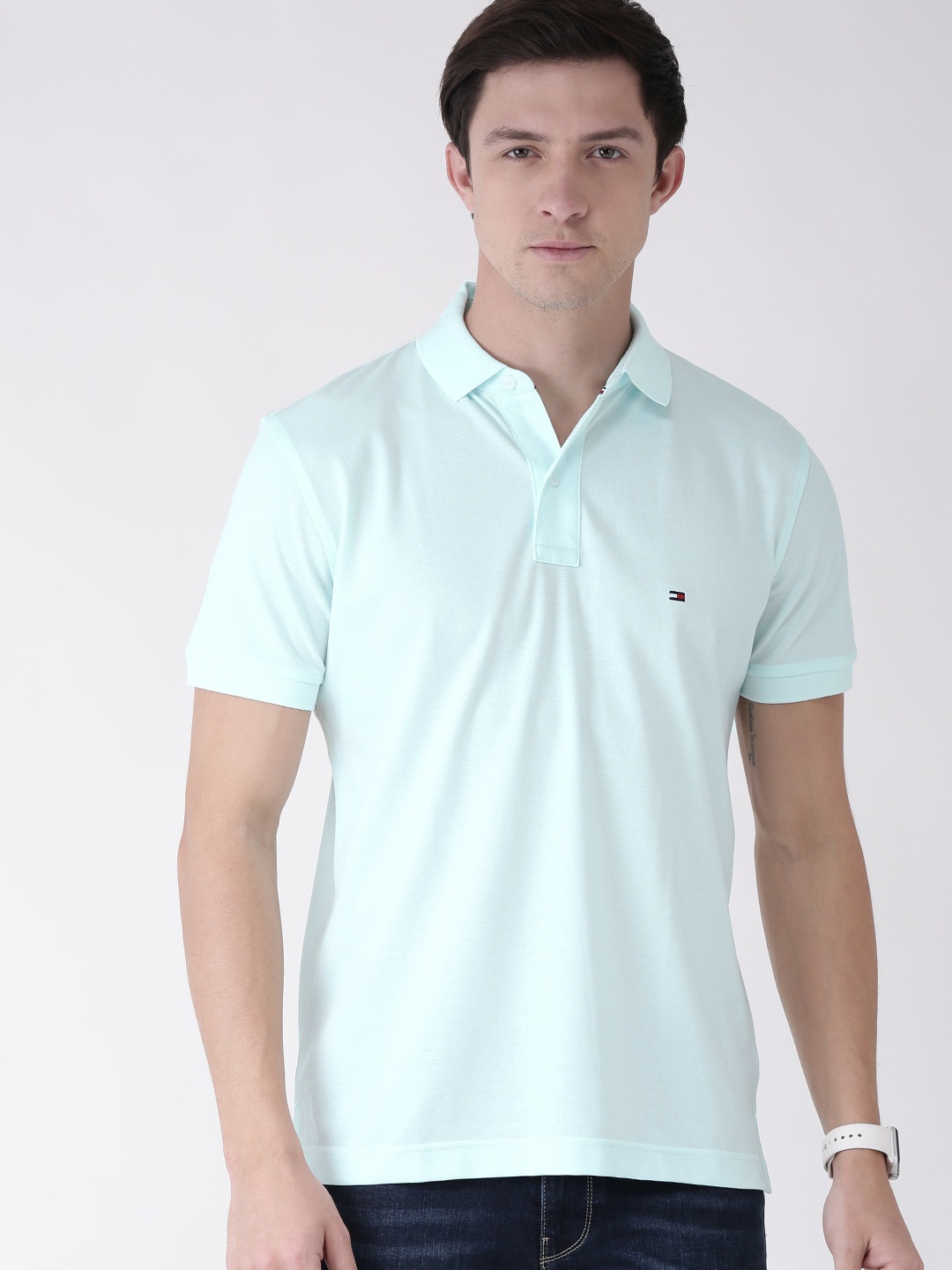 

Tommy Hilfiger Men Turquoise Blue Regular Fit Solid Polo Collar Pure Cotton T-shirt