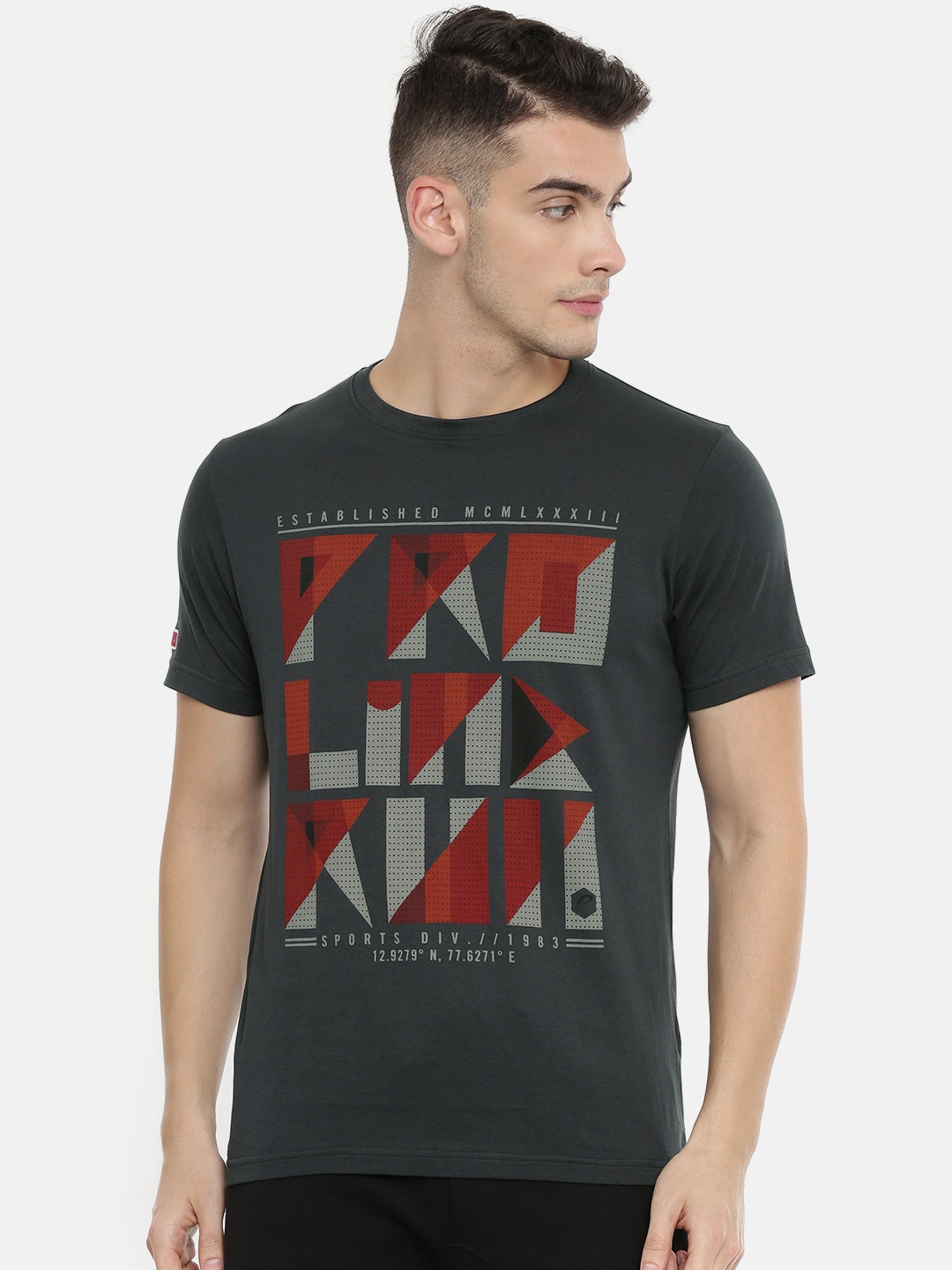 

Proline Active Men Charcoal Grey Printed Round Neck Pure Cotton T-shirt