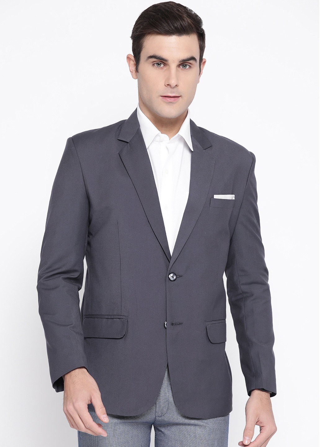 

Luxrio Men Charcoal Grey Solid Twill Slim Fit Single-Breasted Formal Blazer