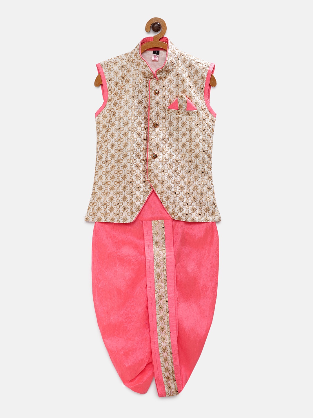 

Ridokidz Boys Cream-Coloured & Pink Embroidered Coat with Dhoti Pants