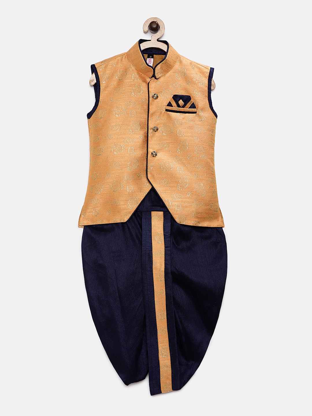 

Ridokidz Boys Peach-Coloured & Navy Blue Woven Design Kurta with Dhoti Pants