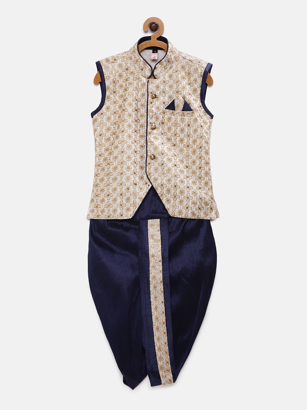 

Ridokidz Boys Cream-Coloured & Navy Blue Embroidered Coat with Dhoti Pants