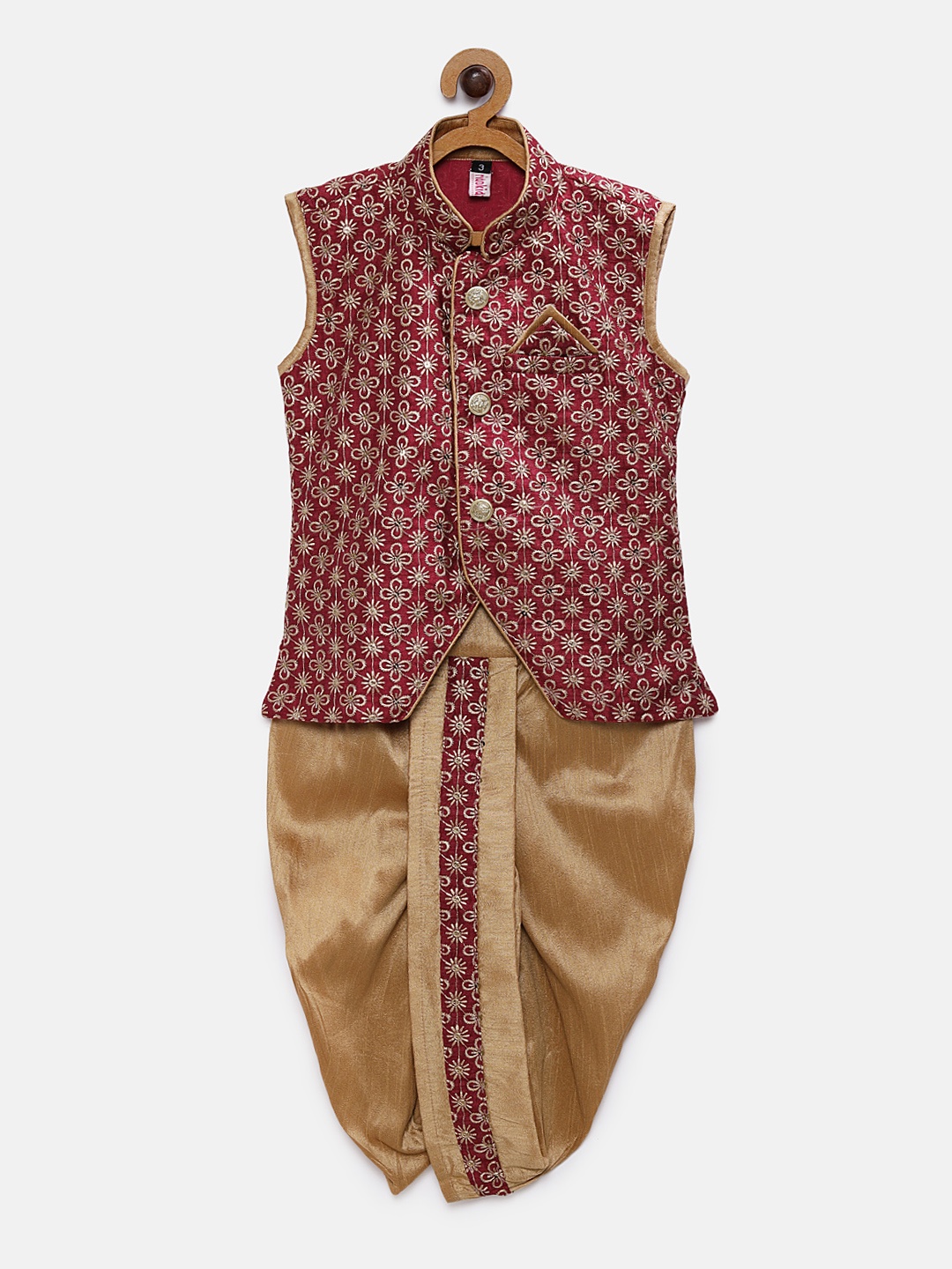 

Ridokidz Boys Maroon & Gold-Coloured Woven Design Kurta with Dhoti Pants
