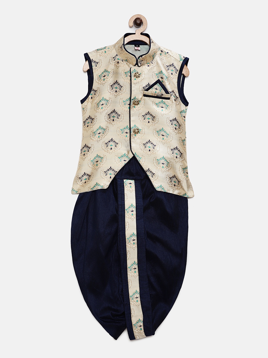 

Ridokidz Boys Cream-Coloured & Navy Blue Woven Design Kurta with Dhoti Pants