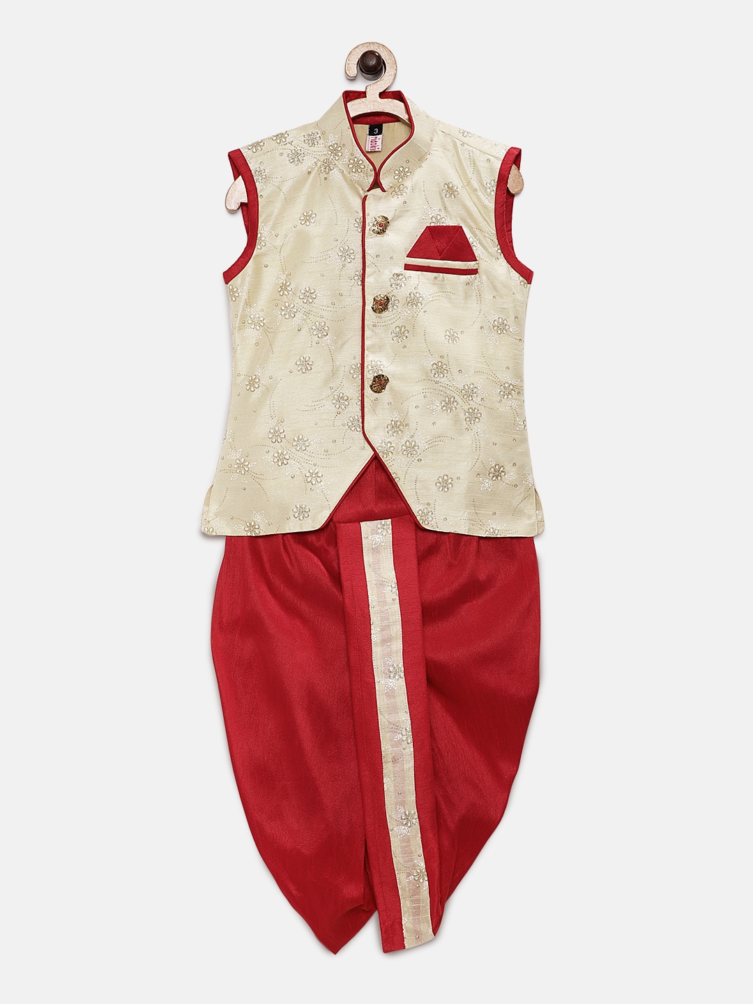 

Ridokidz Boys Cream-Coloured & Red Embroidered Kurta with Dhoti Pants