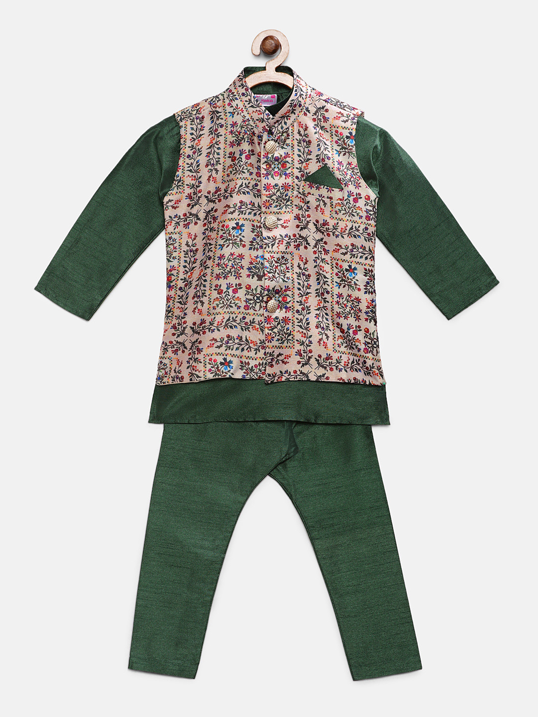 

Ridokidz Boys Green & Beige Solid Kurta with Harem Pants & Nehru Jacket
