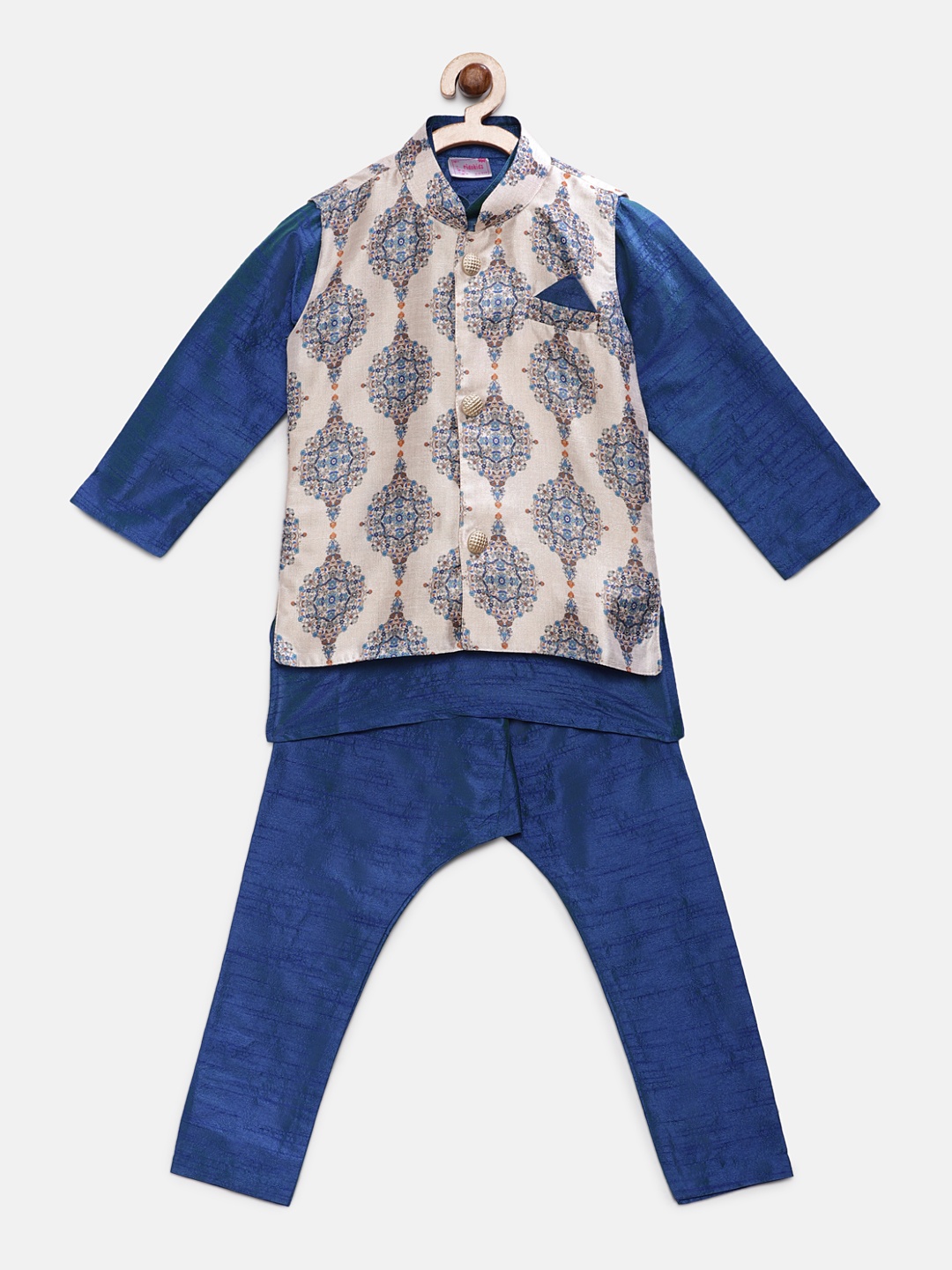 

Ridokidz Boys Blue & Off-White Solid Kurta with Harem Pants & Nehru Jacket