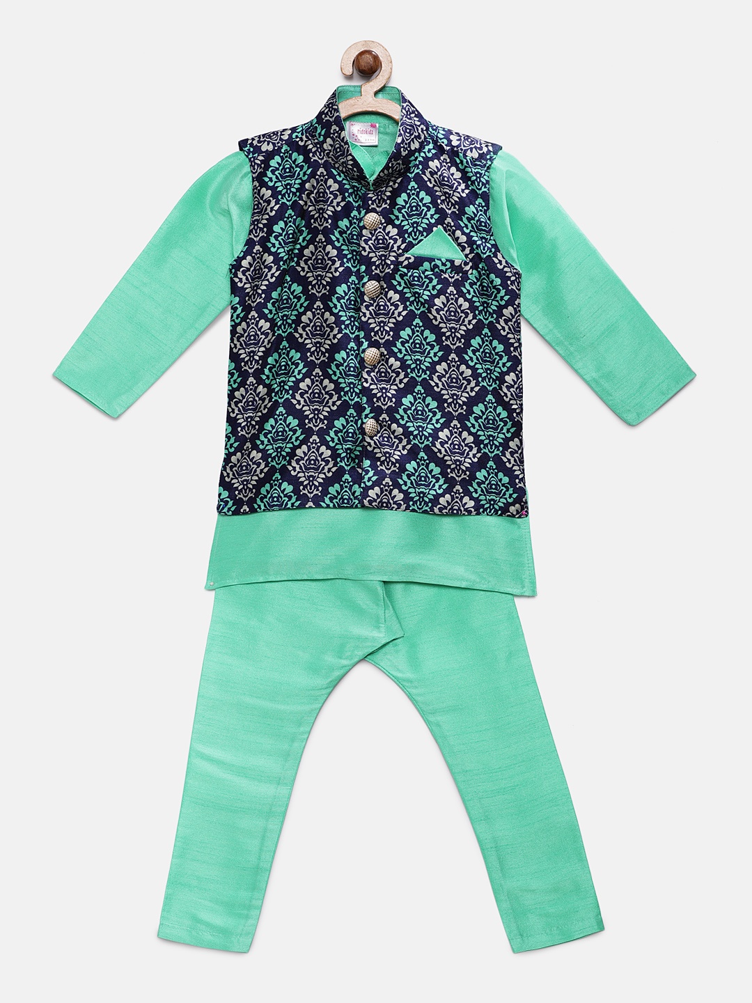 

Ridokidz Boys Sea Green & Navy Blue Solid Kurta with Harem Pants & Nehru Jacket