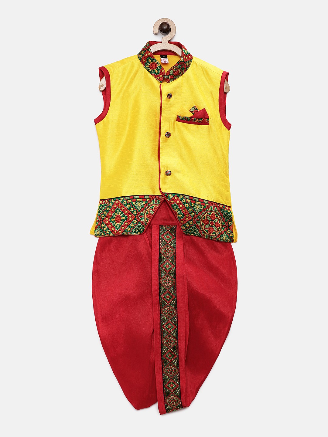 

Ridokidz Boys Yellow & Red Solid Coat with Dhoti Pants
