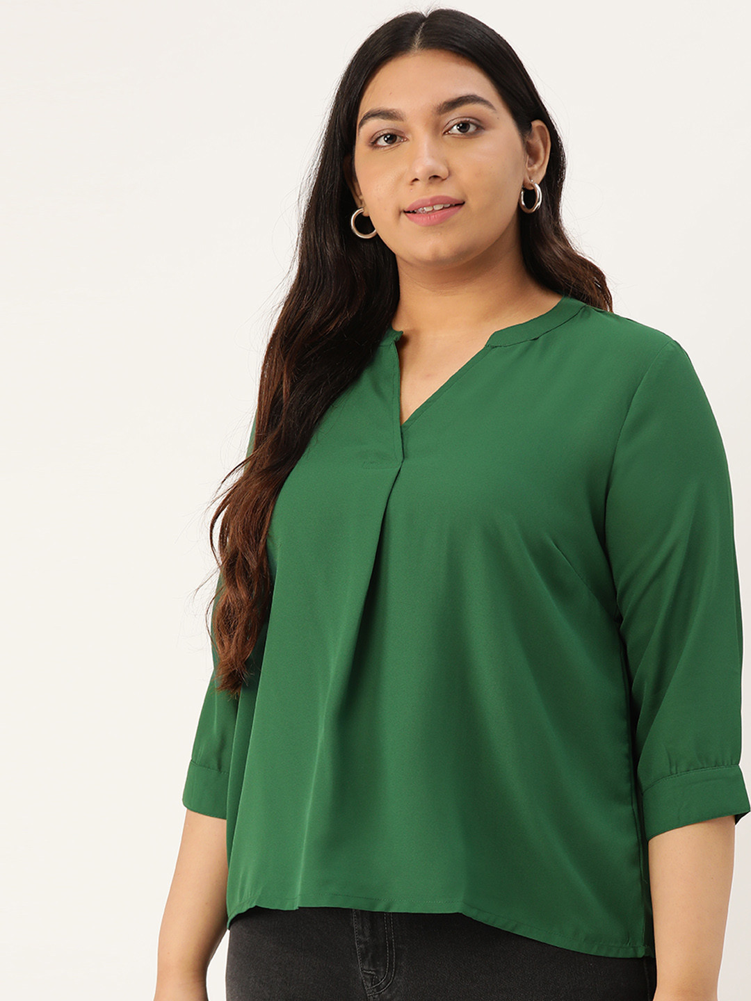 

Sztori Plus Size Women Green Solid Pleated Top