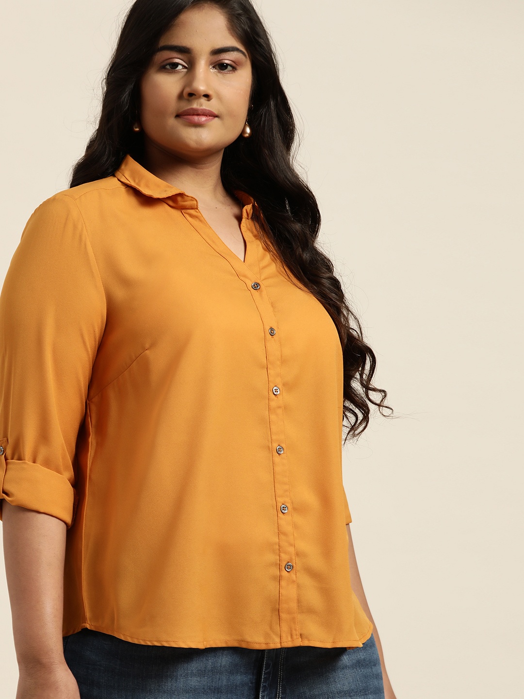 

Sztori Women Mustard Yellow Regular Fit Solid Plus Size Casual Shirt