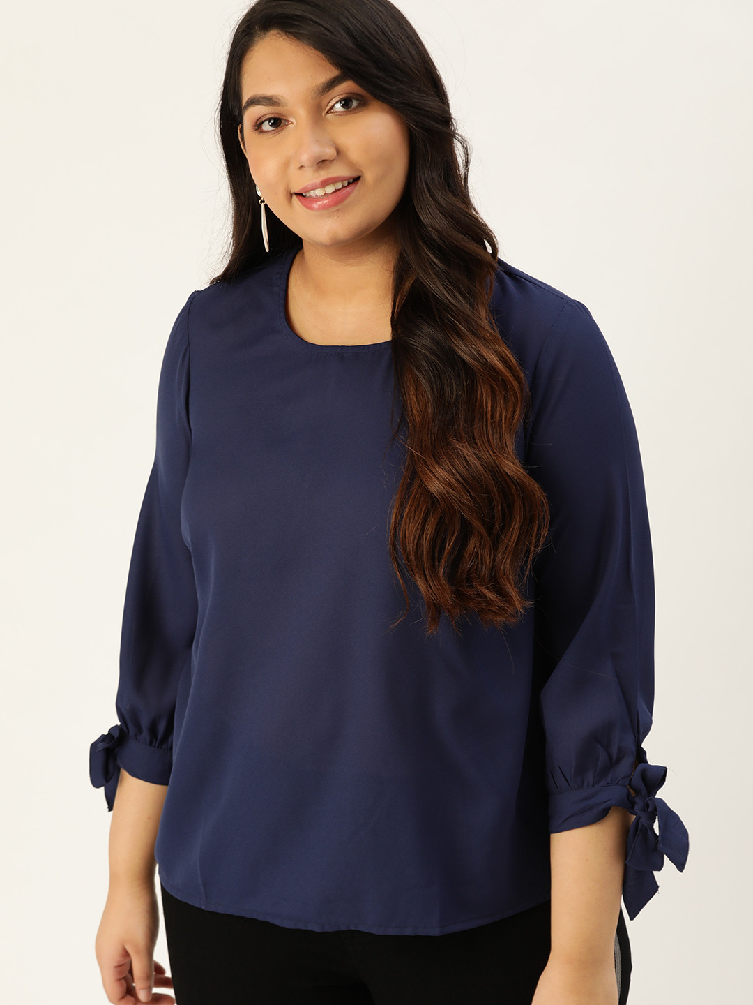 

Sztori Plus Size Women Navy Blue Solid Tie-Up Sleeves Top