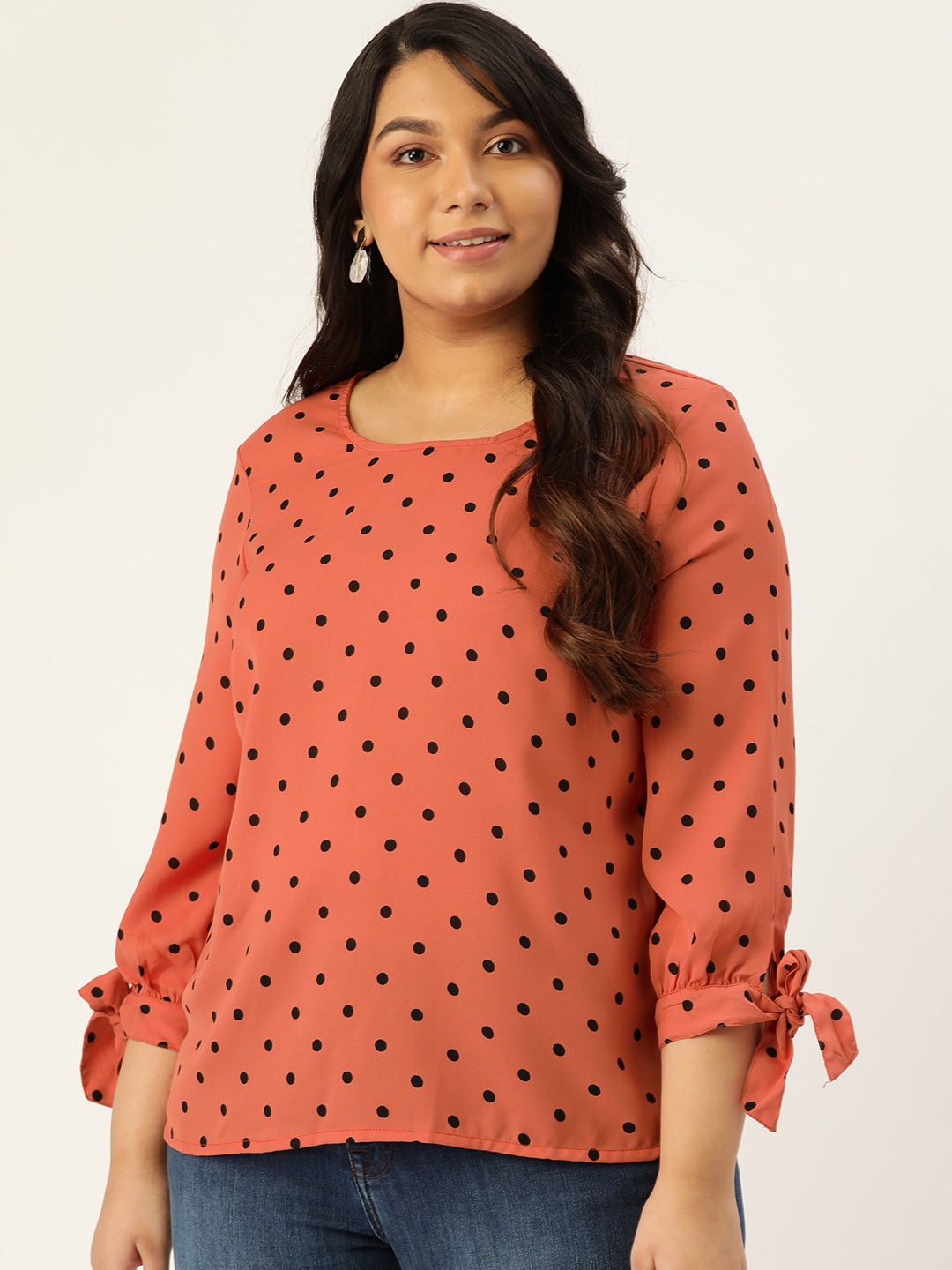 

Sztori Plus Size Women Rust Orange Black Polka Dots Printed Top