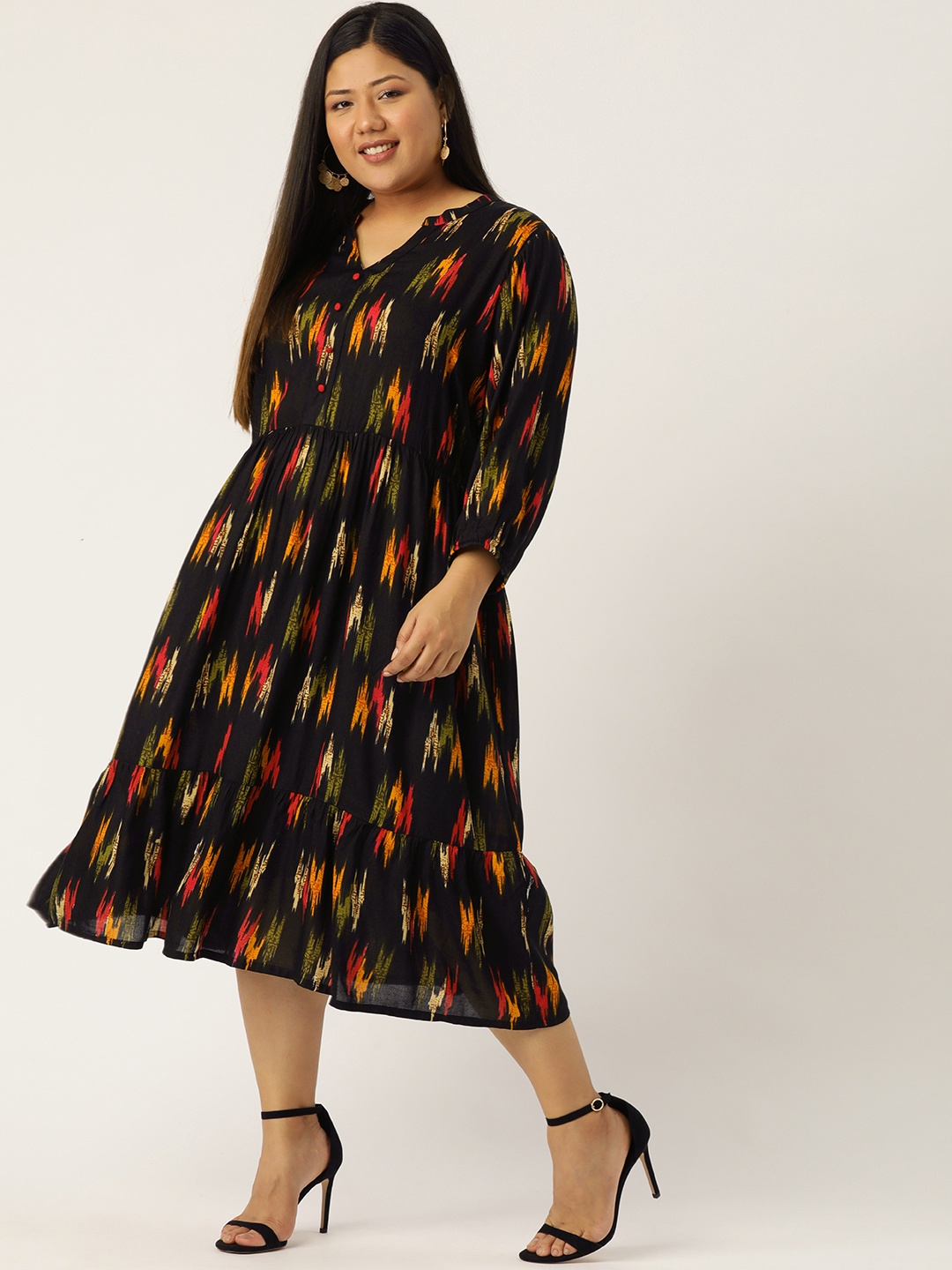 

Sztori Plus Size Black Pink Printed A-Line Dress