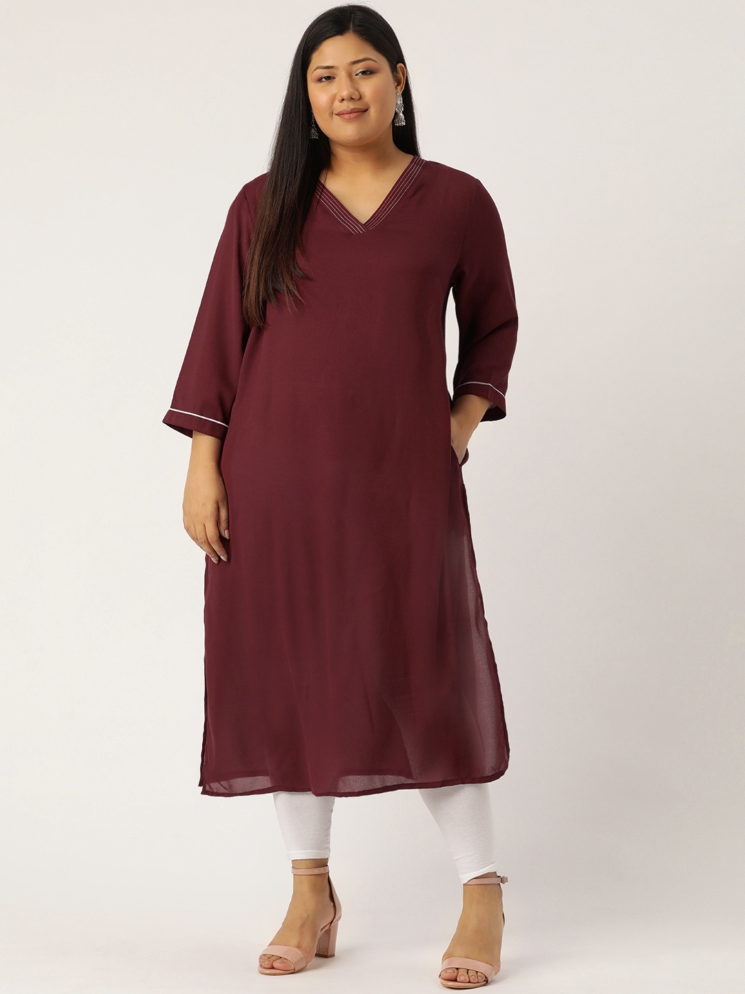 

Sztori Plus Size Women Burgundy Solid Straight Kurta