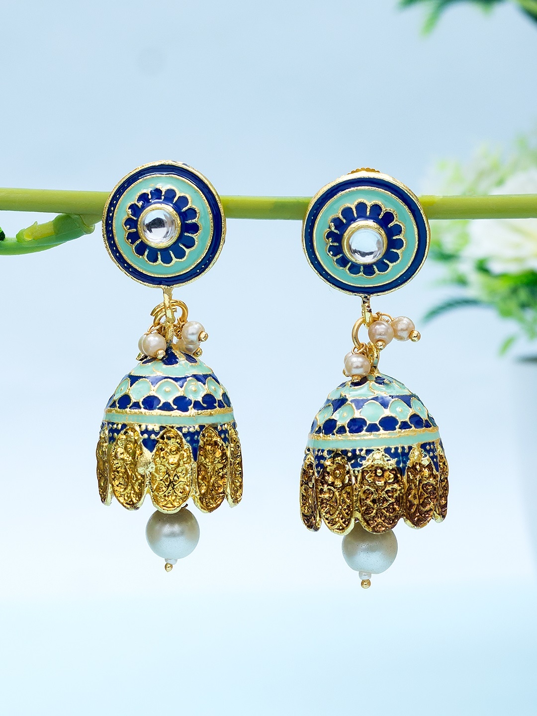 

Golden Peacock Gold-Toned & Green Contemporary Jhumkas