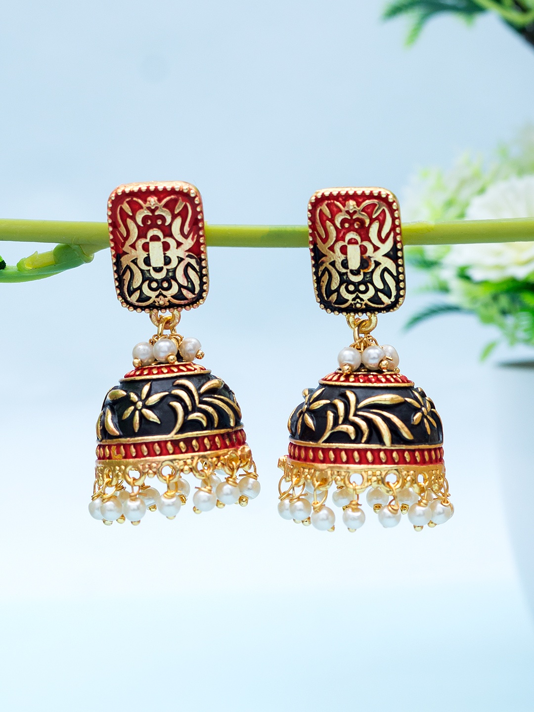 

Golden Peacock Gold-Toned & Blue Dome Shaped Jhumkas