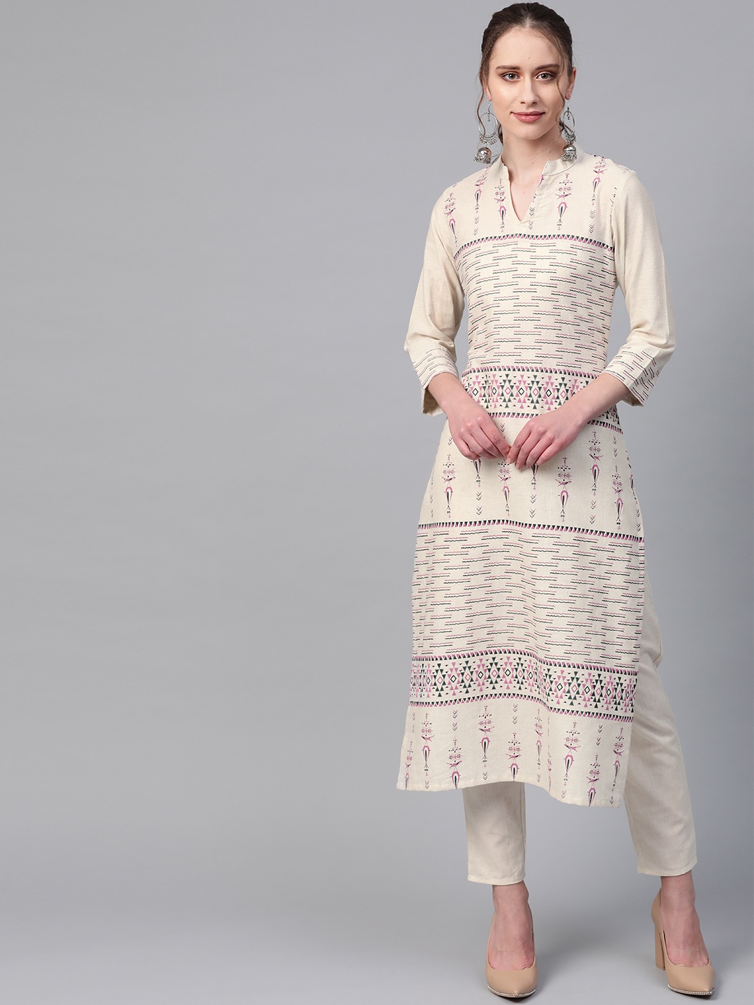 

ZIYAA Women Off-White & Pink Khari Printed Kurta with Trousers