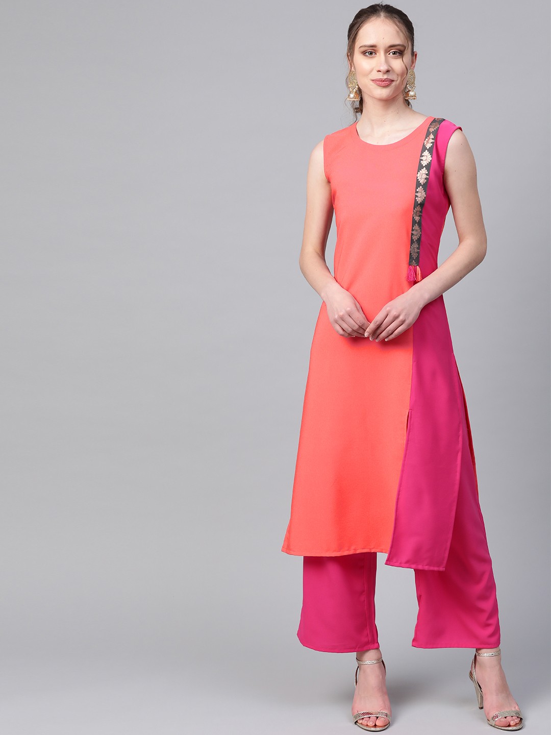 

ZIYAA Women Orange & Pink Colourblocked Kurta with Palazzos