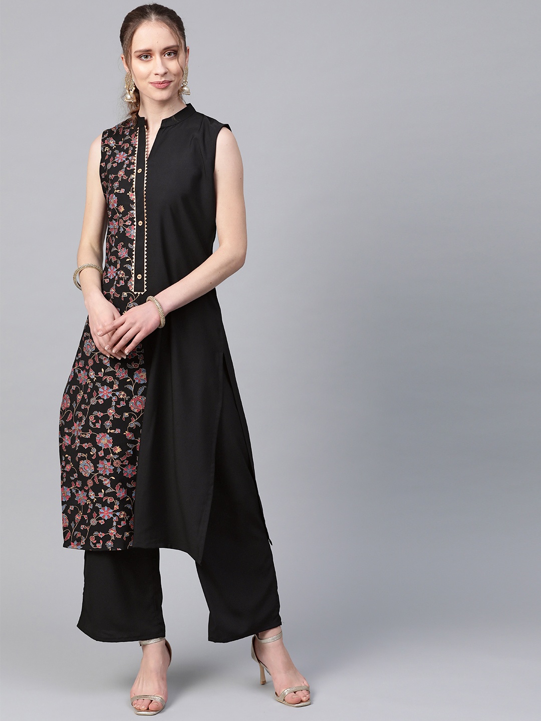 

ZIYAA Women Black & Pink Khari Printed Kurta with Palazzos