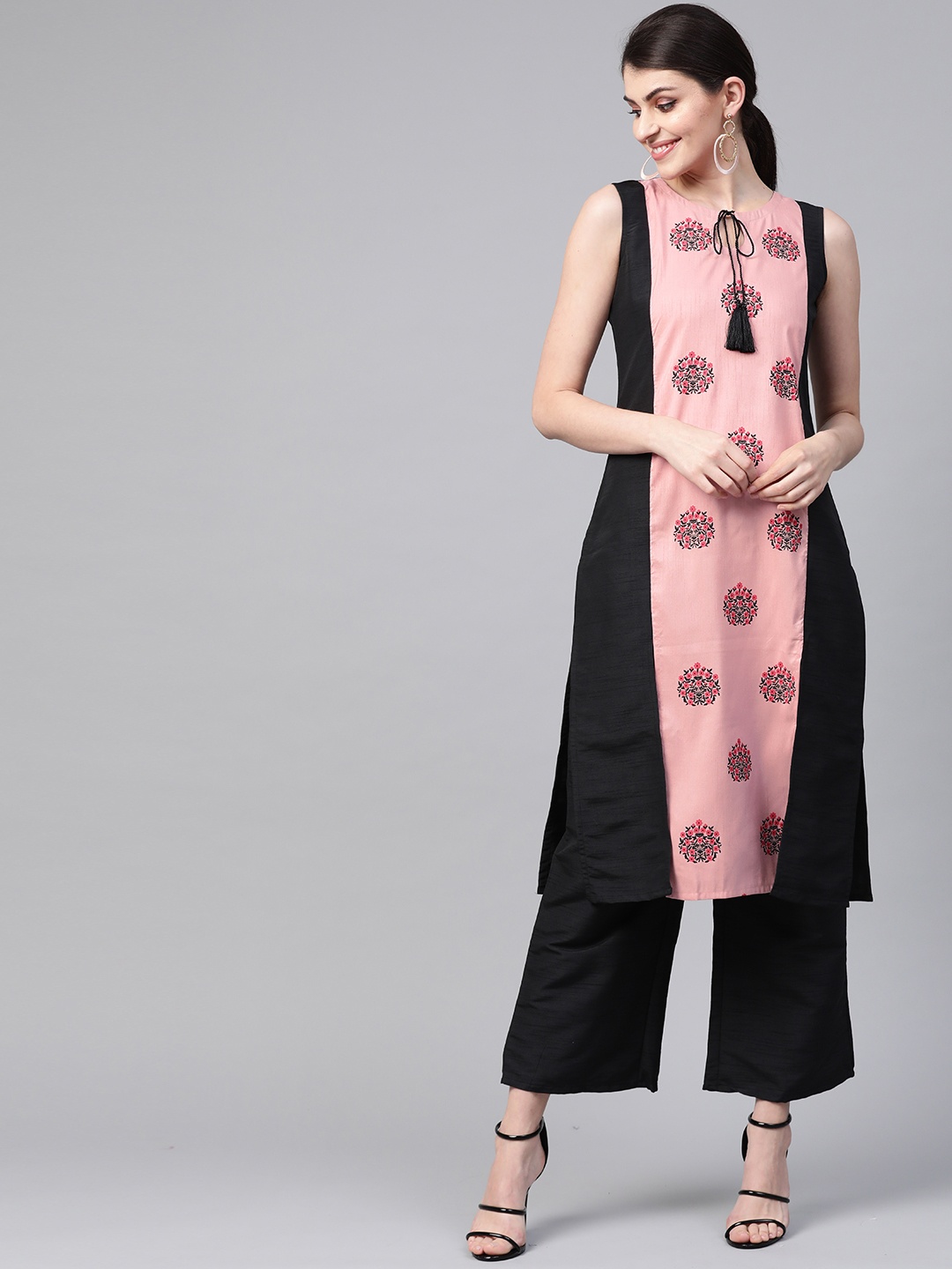 

ZIYAA Women Pink & Black Khari Printed Kurta with Palazzos