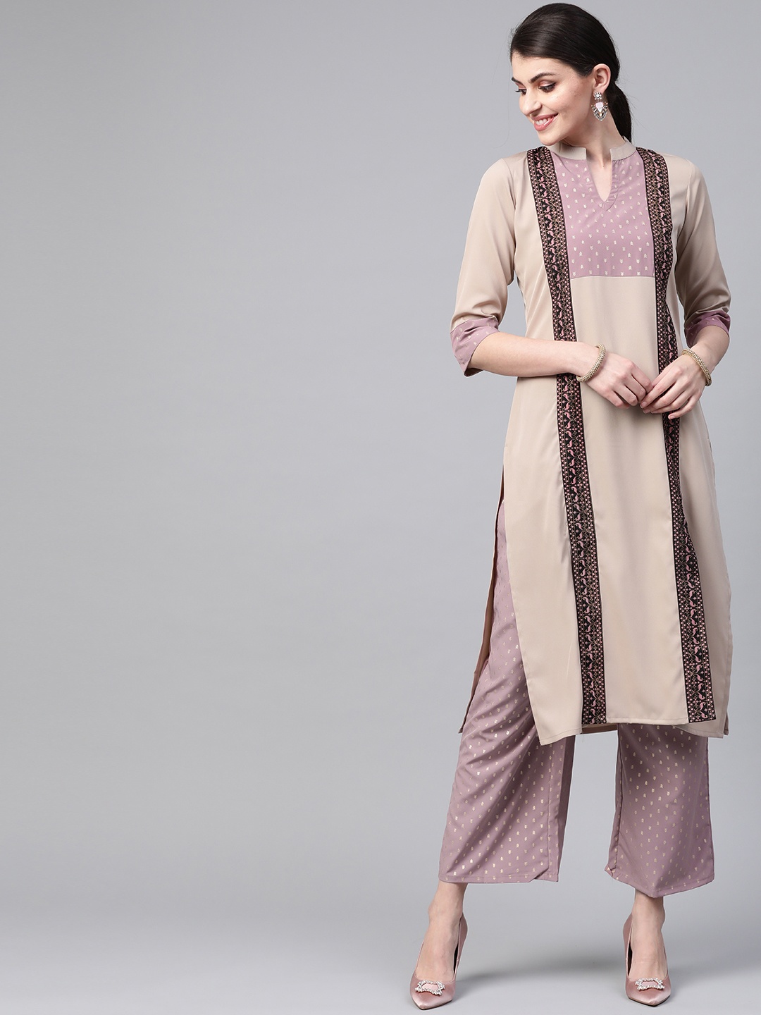 

ZIYAA Women Beige & Mauve Yoke Design Kurta with Palazzos