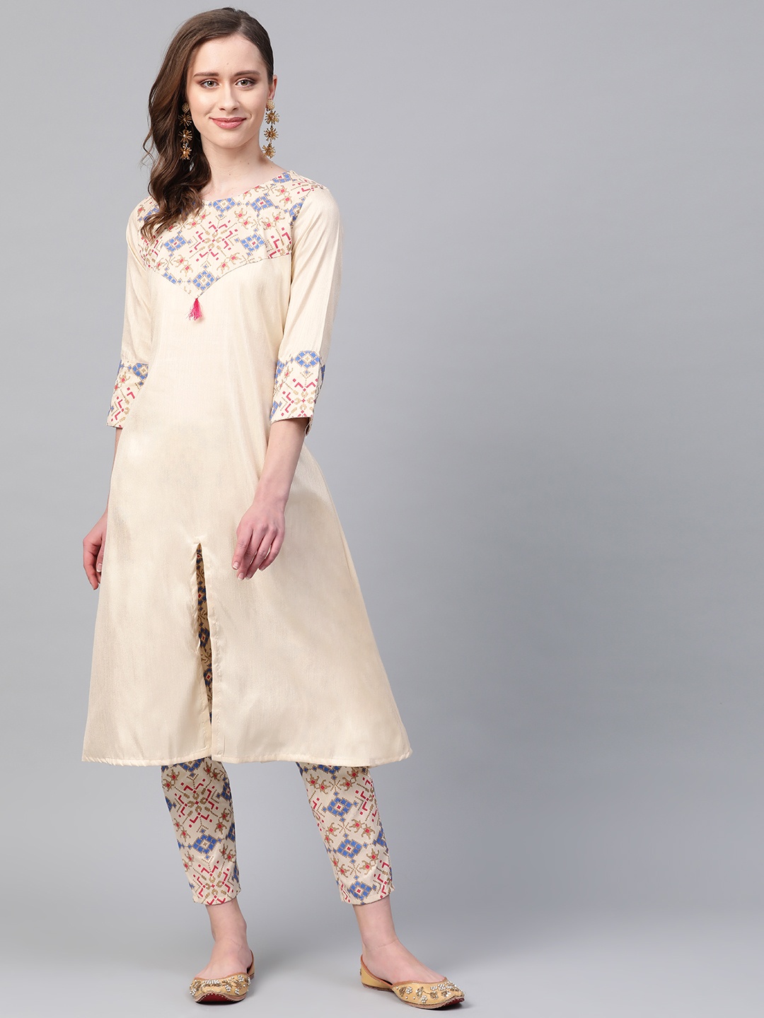 

ZIYAA Women Cream-Coloured & Blue Yoke Design Kurta with Trousers