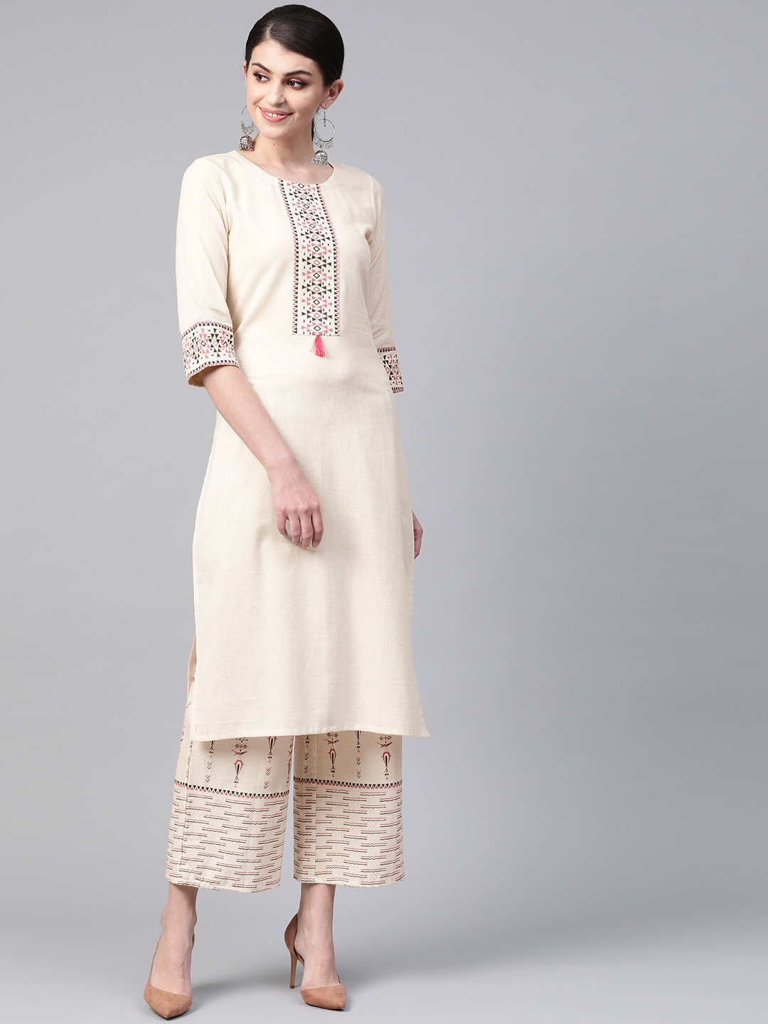 

ZIYAA Women Off-White & Pink Yoke Design Kurta with Palazzos