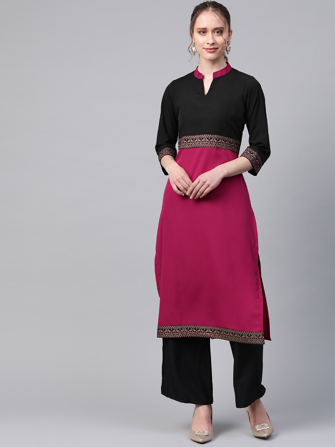 

ZIYAA Women Pink & Black Colourblocked Kurta with Palazzos
