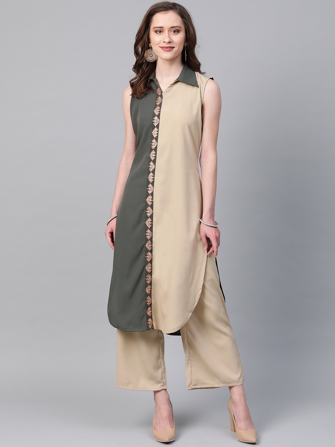 

ZIYAA Women Beige & Charcoal Grey Colourblocked Kurta with Palazzos