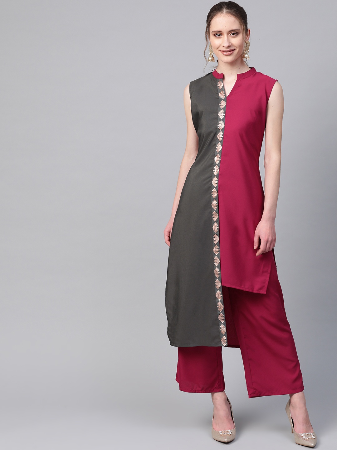 

ZIYAA Women Pink & Charcoal Grey Colourblocked Kurta with Palazzos