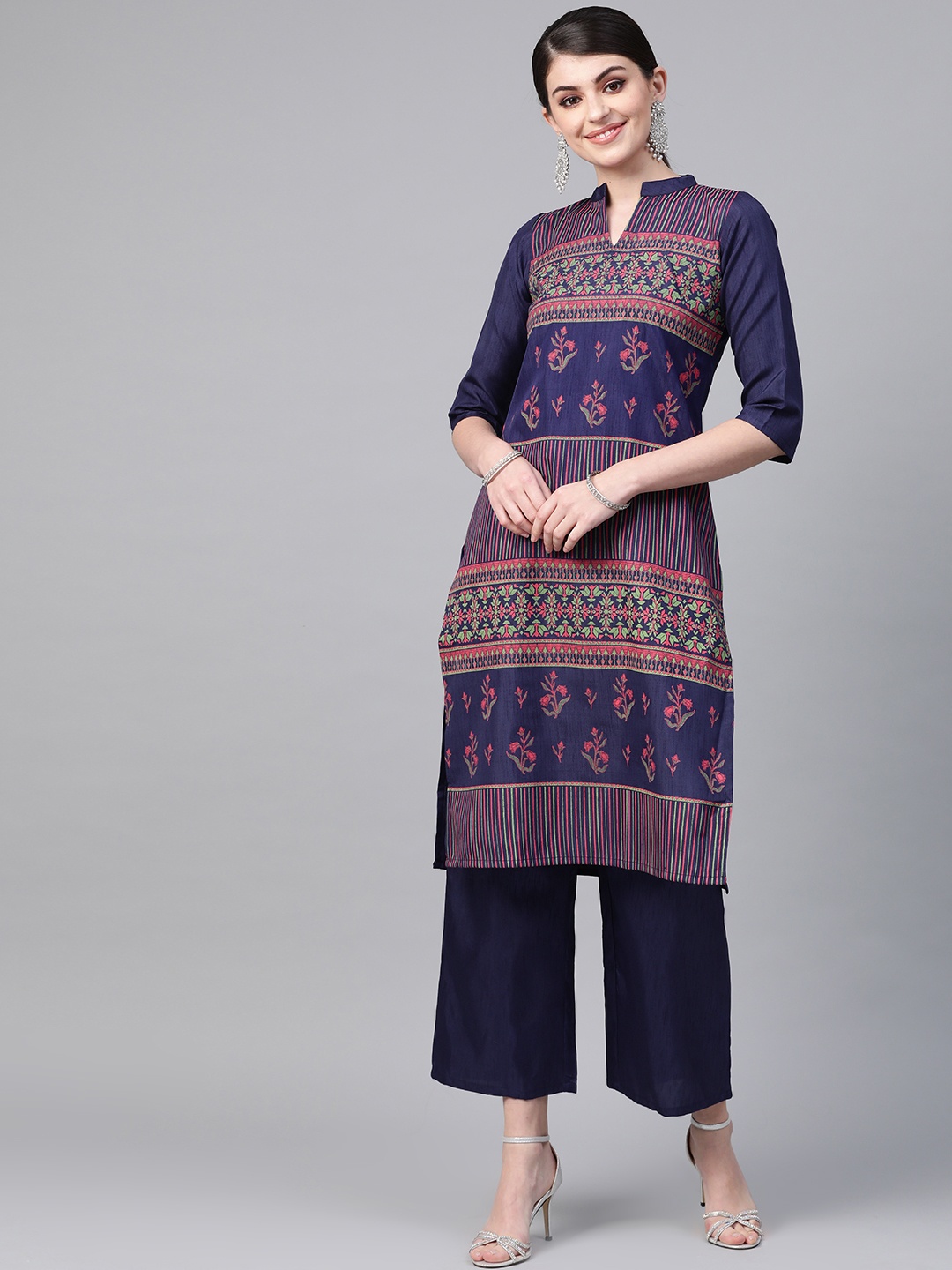 

ZIYAA Women Navy Blue & Pink Khari Print Kurta with Palazzos