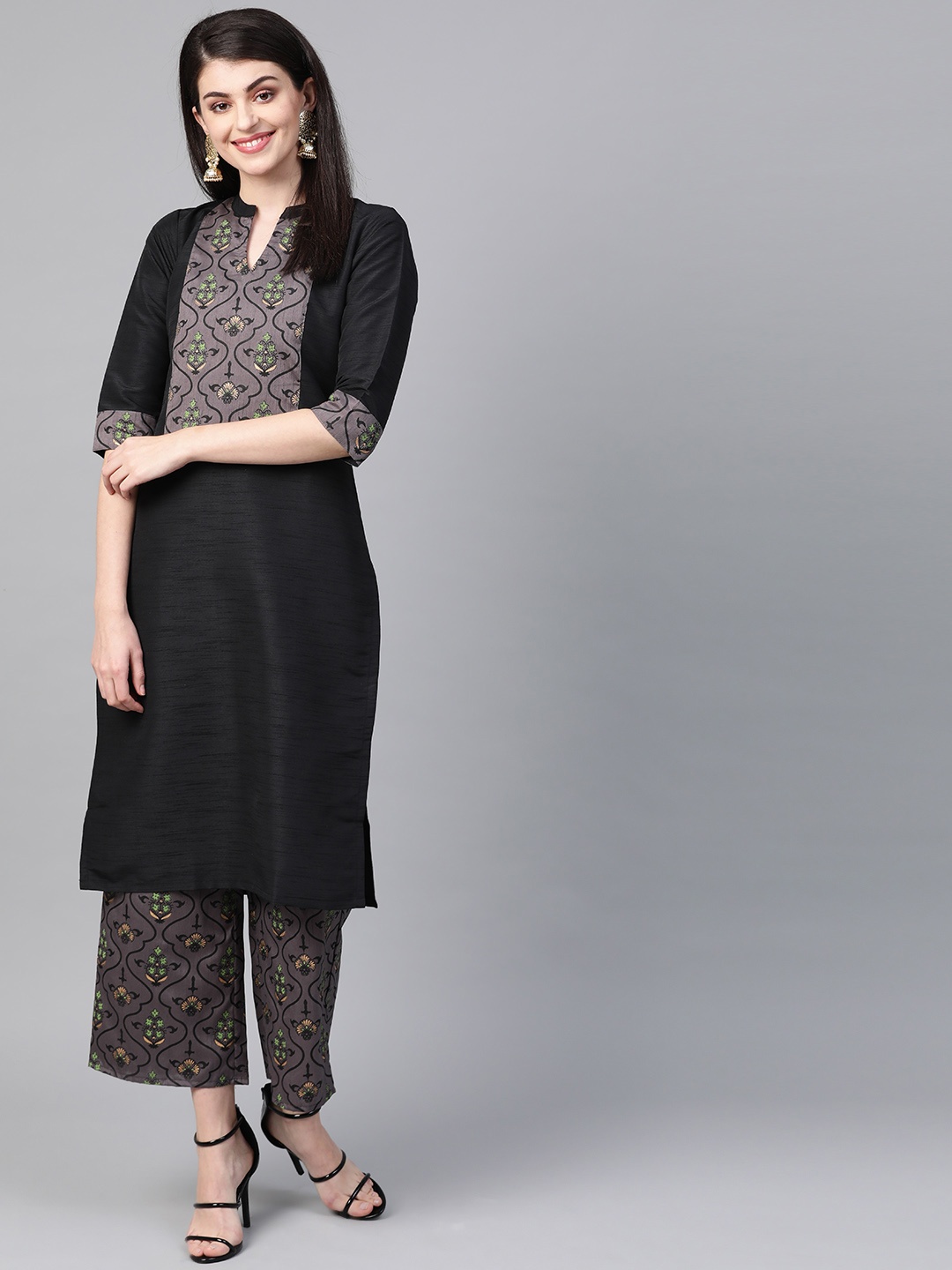 

ZIYAA Women Black & Charcoal Grey Khari Print Yoke Design Kurta with Palazzos