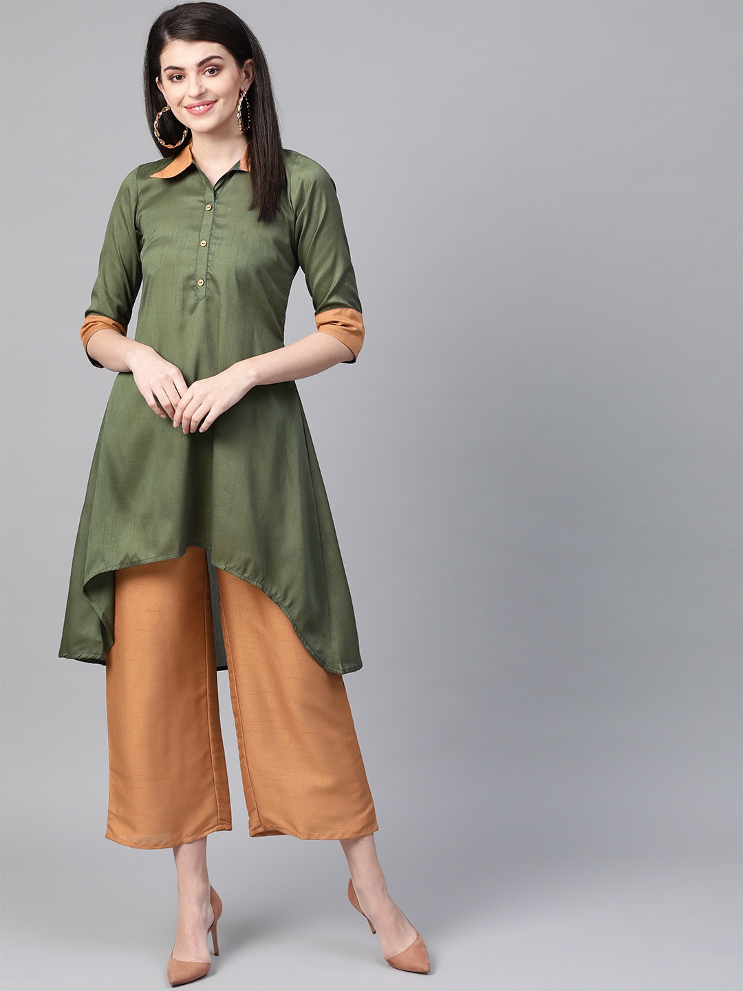 

ZIYAA Women Olive Green & Mustard Brown Solid Kurta with Palazzos