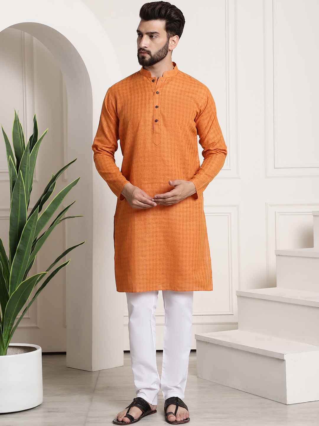 

SOJANYA Men Orange & White Woven Design Kurta with Churidar