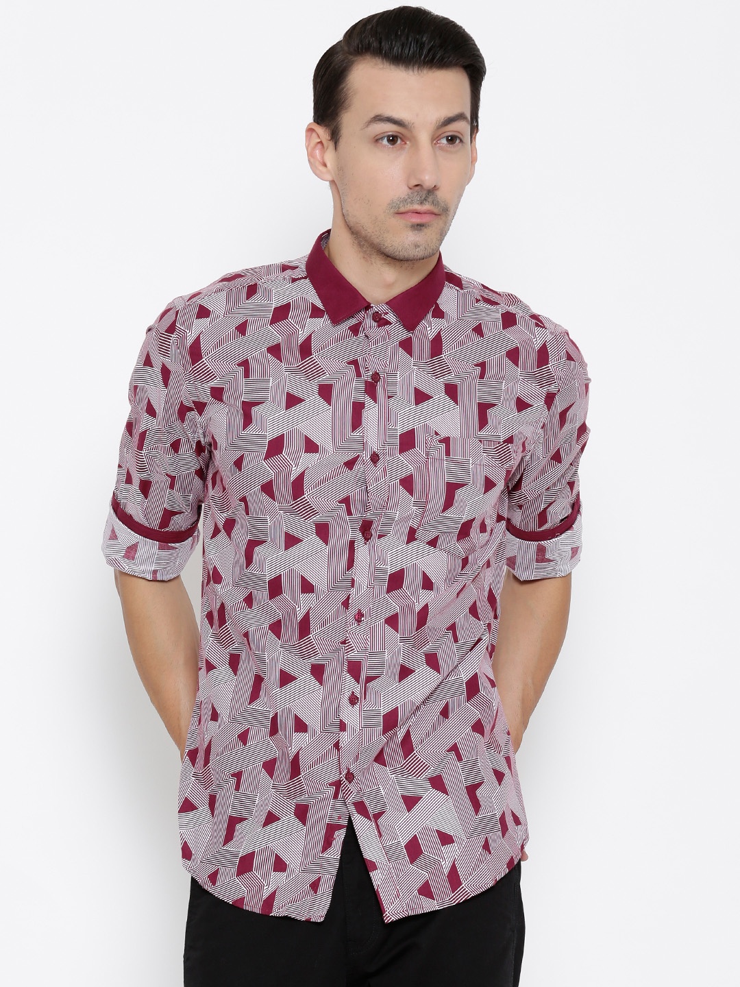 

Black Coffee Maroon Printed Slim Fit Casual Shirt