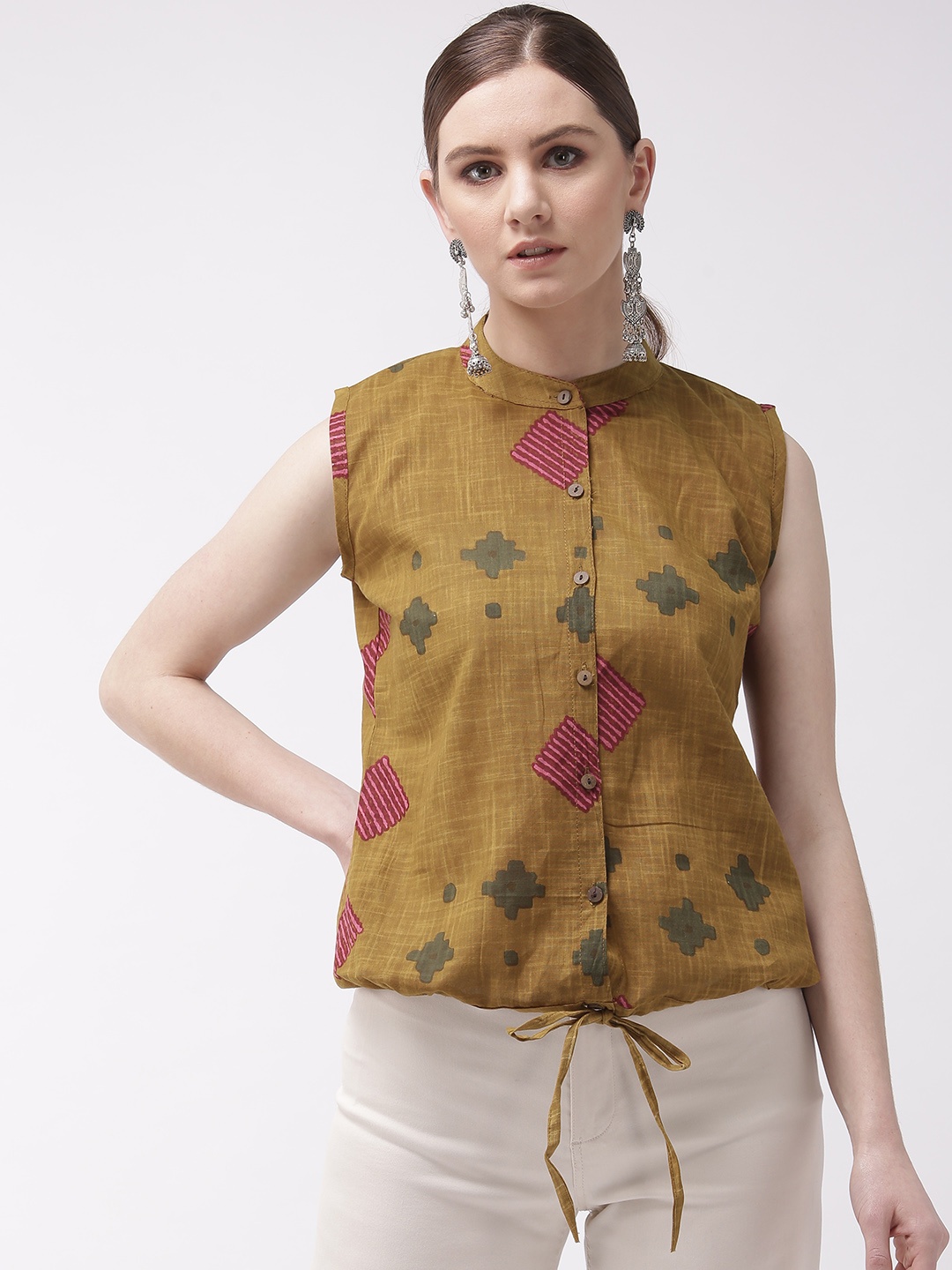 

InWeave Women Mustard Brown & Pink Printed Pure Cotton Top