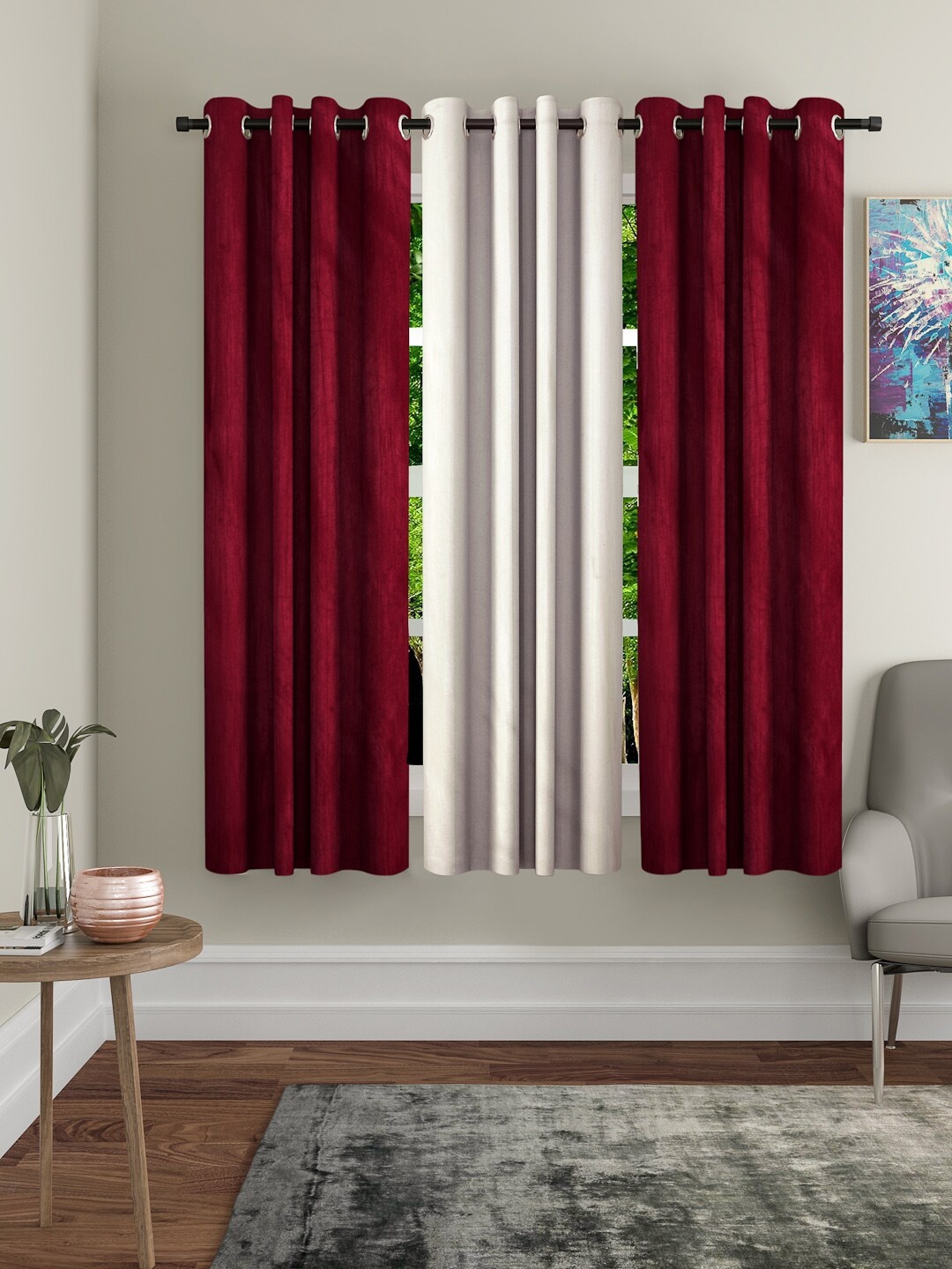 

Home Sizzler Maroon & Cream-Coloured Set of 3 Window Curtains