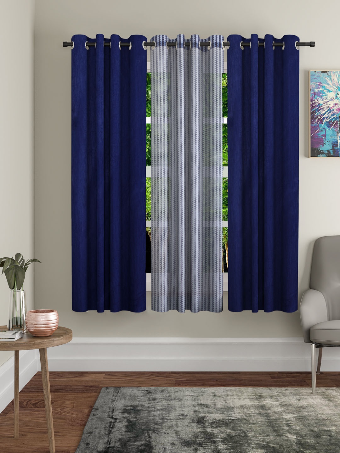 

Home Sizzler Navy Blue & White Set of 3 Window Curtains