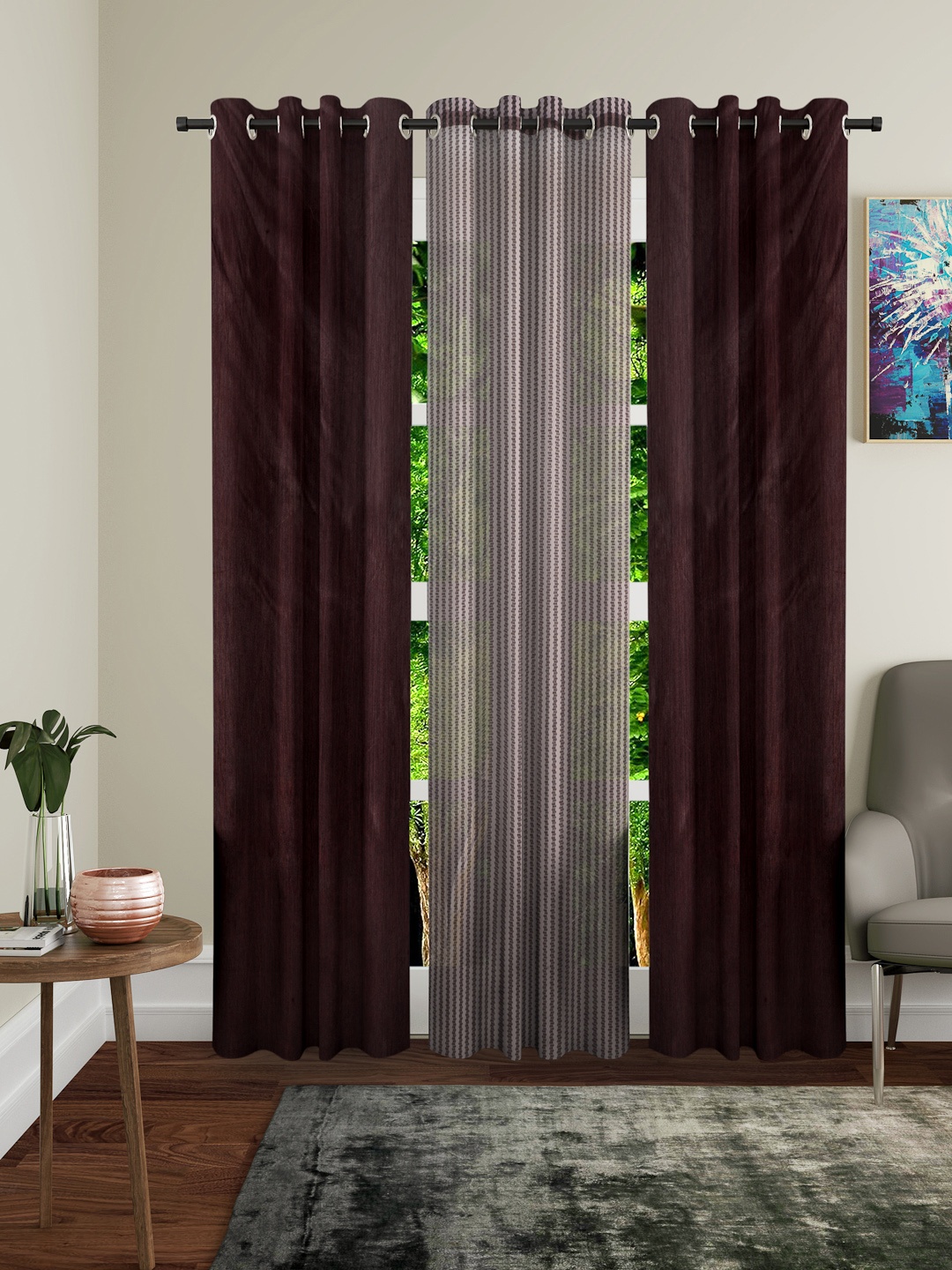 

Home Sizzler Burgundy & White Set of 3 Long Door Curtains