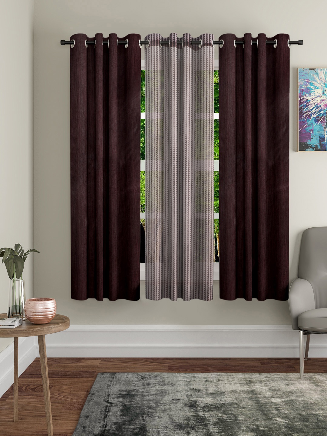 

Home Sizzler Brown & White Set of 3 Window Curtains