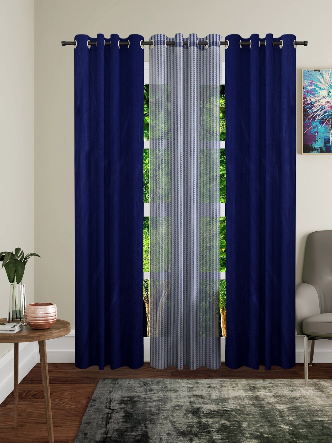 

Home Sizzler Navy Blue & White Set of 3 Long Door Curtains