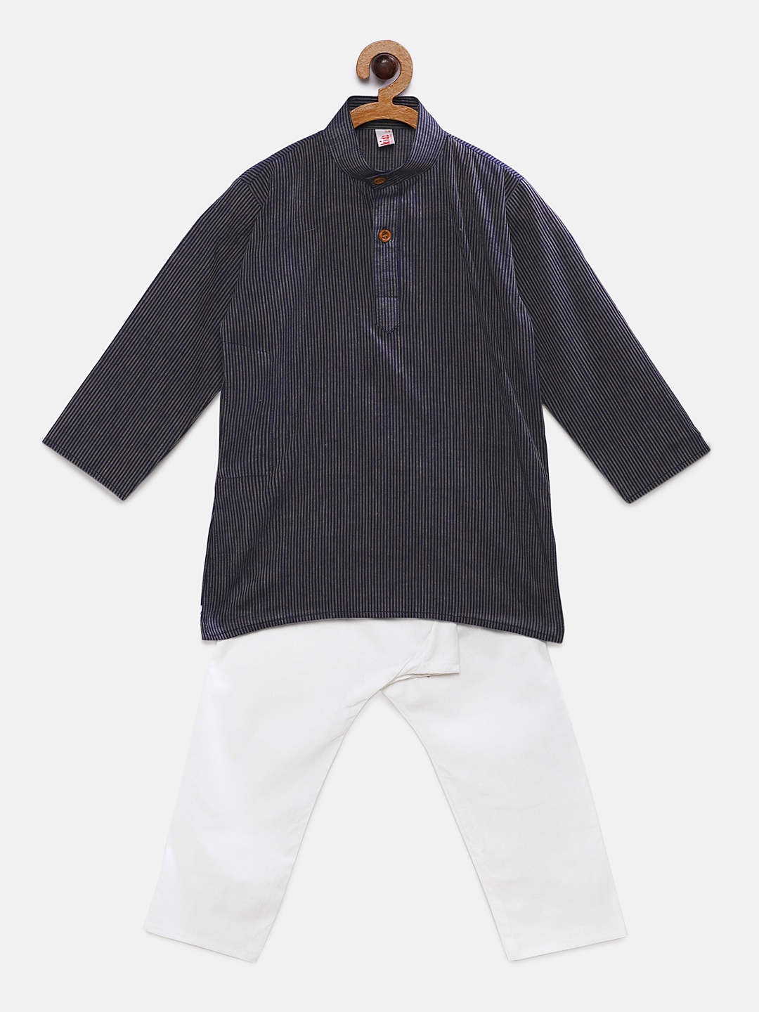 

Ridokidz Boys Navy Blue Striped Kurta with White Pyjamas
