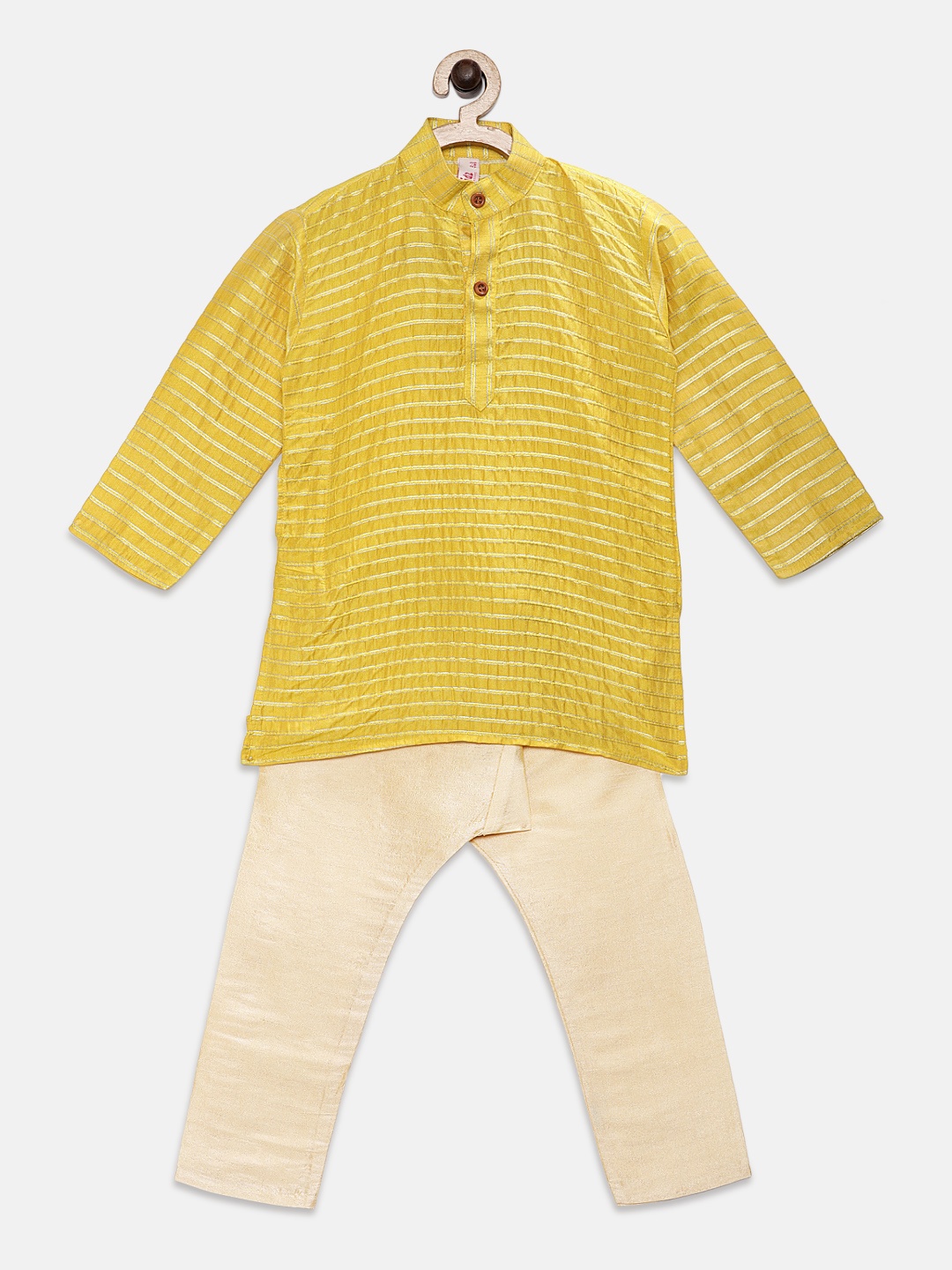 

Ridokidz Boys Yellow Striped Kurta with Cream-Coloured Pyjamas
