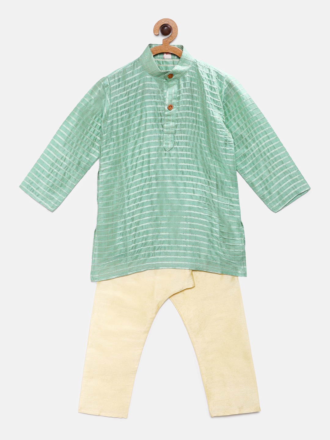 

Ridokidz Boys Green Striped Kurta with Cream-Coloured Pyjamas