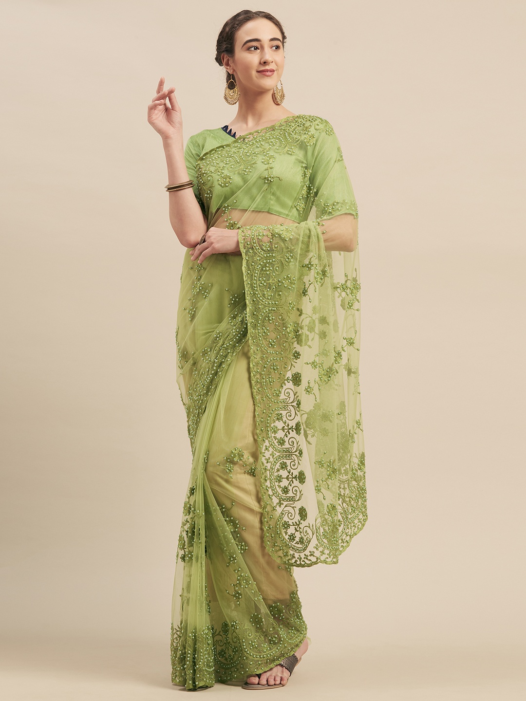 

Mitera Green Embellished Net Saree