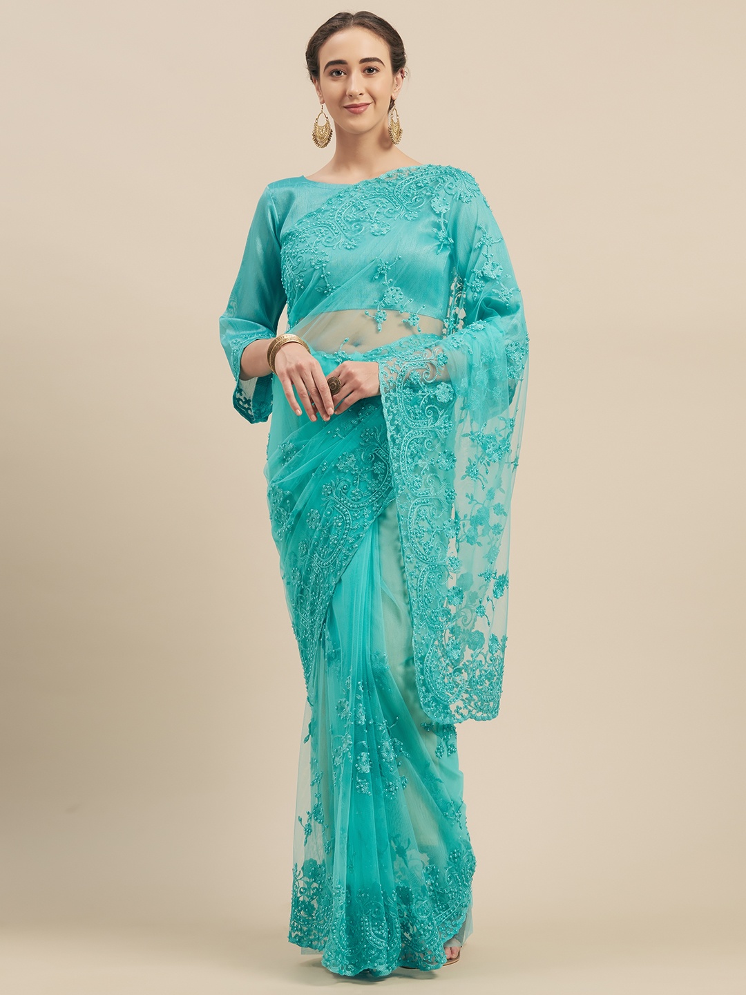

Mitera Turquoise Blue Embroidered Net Saree