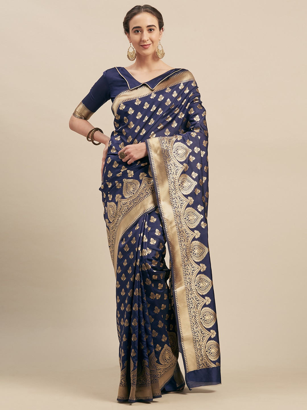 

Mitera Navy Blue & Gold-Toned Silk Blend Woven Design Kanjeevaram Saree
