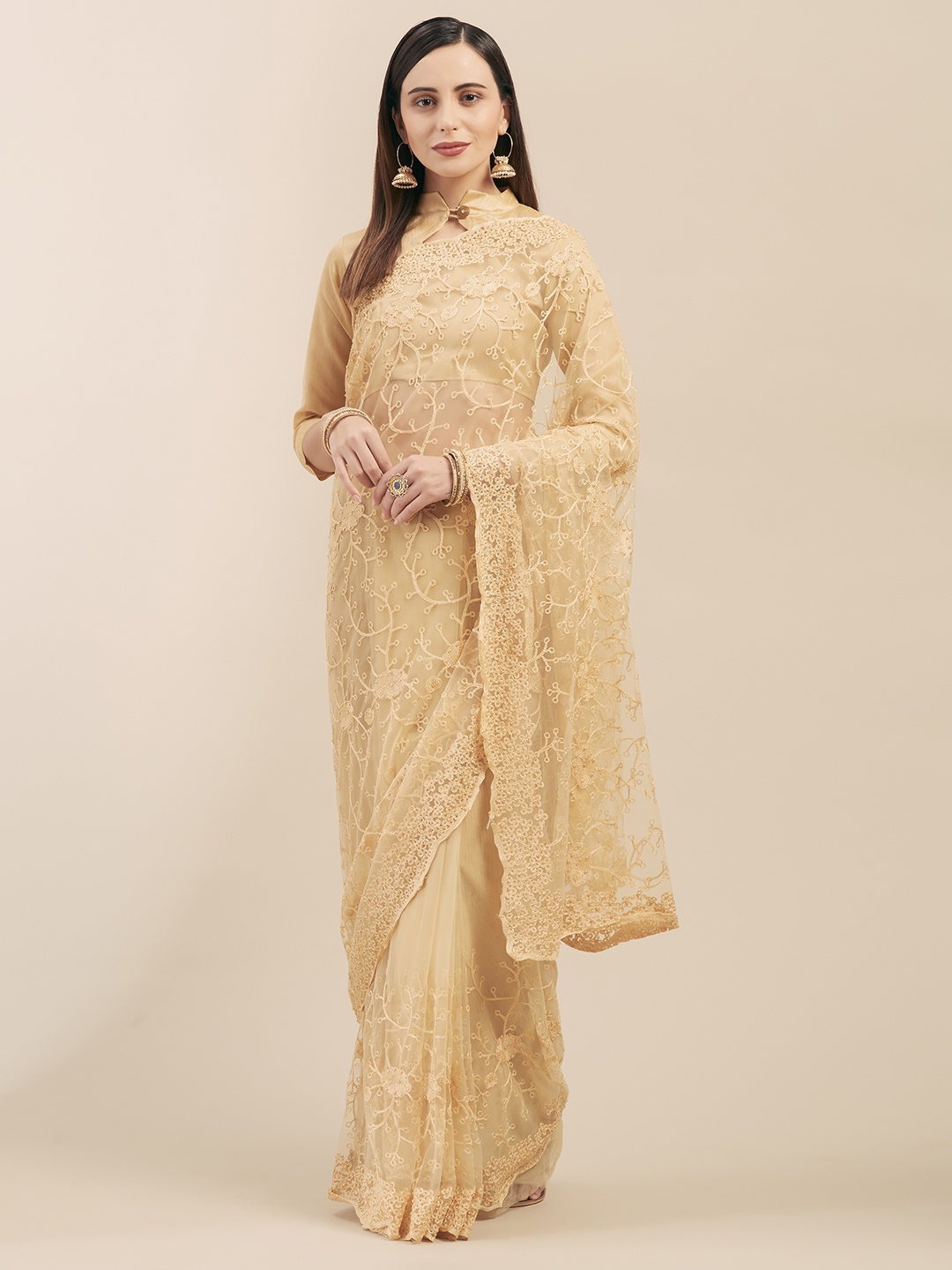 

Mitera Beige Embroidered Net Saree