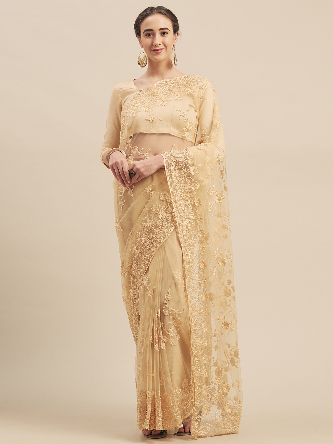 

Mitera Beige Embroidered Net Saree